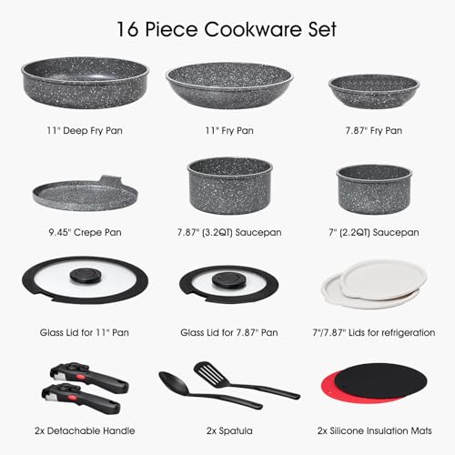 16pcs Aluminium Nonstick Pots and Pans Set from France with detachable Handle (Ash Grey / 16 Piece)