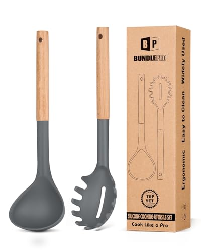 Silicone Soup Ladle and Pasta Spoon Set with Wooden Handle (2 Count)