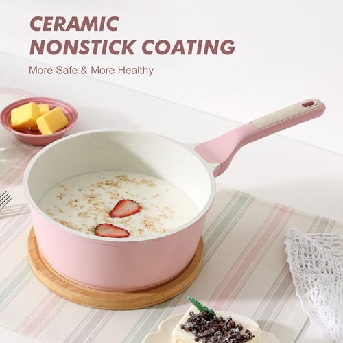 Ceramic Nonstick Saucepan with Lid 1.5 QT (Sakura Pink / 1.5 Quarts)
