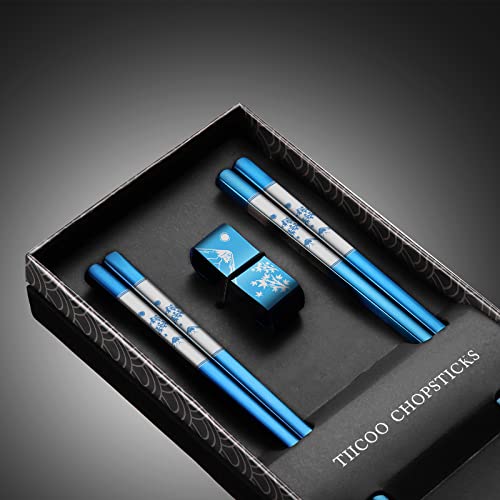 Metal Chopsticks Reusable 2 Pairs Titanium Plated 18 (Blue)
