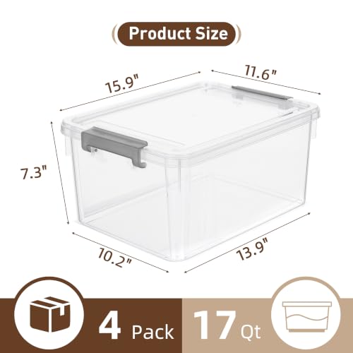 17 QT Plastic Storage Bins with Latching Lids Stackable Storage Containers for Organizing Large Clear Storage Box for Garage (Clear White / 4 PCS-17 QT)