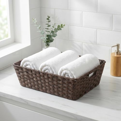 Large 2 Pack Plastic Wicker Storage Baskets (17" x 13" x 5.5" / Brown)