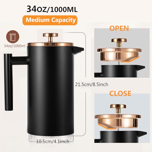 Black French Press Stainless Steel 34oz (34 oz / Black)