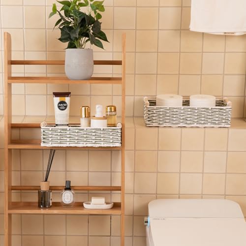 Toilet Paper Baskets Handmade Paper Rope Decorative Wicker Storage Tank Shelf Cabinet Organizer for Bathroom Home (Green & White)