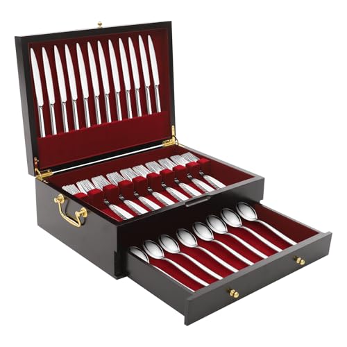 Wooden Silverware Storage Box 2 Layers Silverware Chest Case with Drawer with Handle Lid Flatware Organizer for Kitchen Dining Room