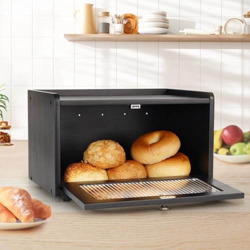 Bread Box for Kitchen Countertop Storage Wooden Breadbox Holder Container Morden Rustic Fresh Bread Keeper Farmhouse Stackable Organizer Bin for Homemade Food Shelf Acrylic Window