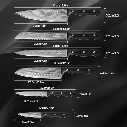 9 Piece Japanese Damascus Kitchen Knife Set with Block (Black/Black / 9 Pieces)