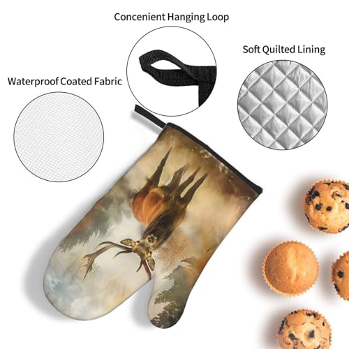 Deer Art Oven Mitts and Pot Holders Sets of 3 Heat Resistant Oven Gloves Hot Pads Non (Deer Art)