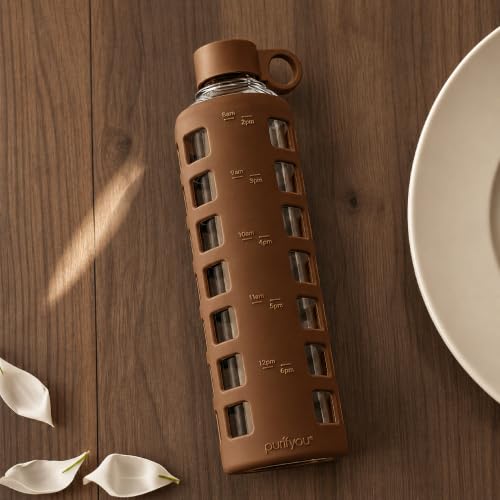 40oz / 32oz / 22oz / 12oz Borosilicate Glass Water Bottle with Time & Volume Markers, Silicone Sleeve, Stainless Steel Lid – Reusable Glass Bottle for Water & Juice (32oz Earth Brown) (Earth Brown / 32 Ounces)