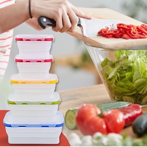 Collapsible Food Storage Containers with Lids (Assorted Colors-Sizes 5pc)