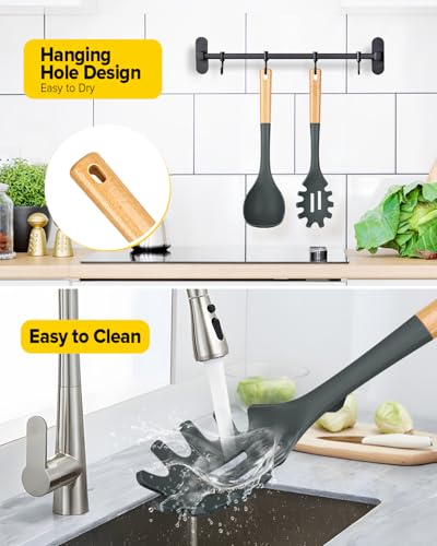 Silicone Soup Ladle and Pasta Spoon Set with Wooden Handle (2 Count)