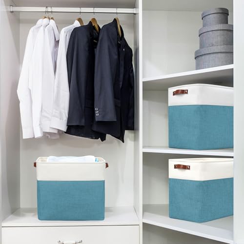 Large Fabric Storage Baskets (Teal / Off-White / Extra Large -17"x12"x15")