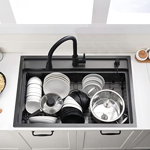 33 Inch Black Drop In Kitchen Sink (33"L x 22"W x 10"D / Black（Splash Guard）)