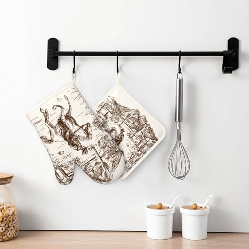 Western Cowboy Oven Mitts and Pot Holders 4 pcs Set Silicone West Cowboy Riding Horse in Desert Kitchen Oven Mitt Gloves Cowboy Pot Holders Non (Beige)