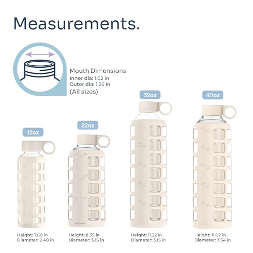 40oz / 32oz / 22oz / 12oz Borosilicate Glass Water Bottle with Time & Volume Markers, Silicone Sleeve, Stainless Steel Lid | Reusable Glass Bottle for Water & Juice (32oz Pearled Ivory) (Pearled Ivory (1 Count) / 32 Ounces)
