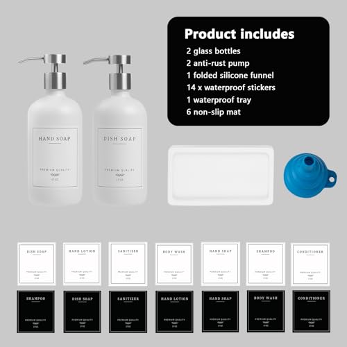 Glass Soap Dispenser Bathroom (White Bottle/Brushed Silver Pump + Tray)