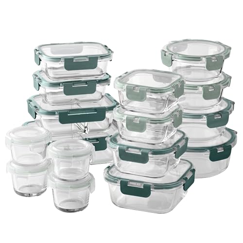 Premium 32 Pc. Borosilicate Glass Food Container Set with Dividers (Ombre Green)