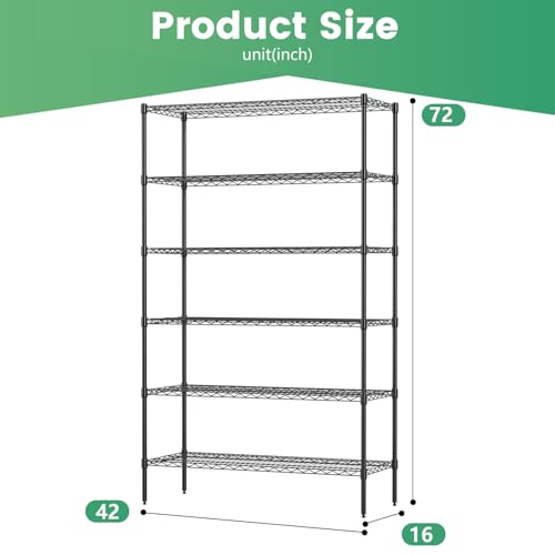 16" D×42" W×72" H Wire Shelving Unit Commercial Metal Shelf with 6 Tier Adjustable Layer Rack Strong Steel for Restaurant Garage Pantry Kitchen Garage (Black / 42×16×72)