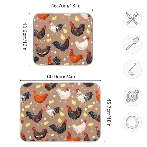 Colorful Hens Roosters Dish Drying Mat for Kitchen Counter Absorbent Microfiber Drying Pad (16" x 18")