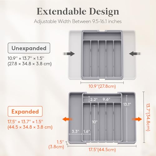 Expandable Silverware Drawer Organizer (Gray / Large (11-18''W x 14''D))
