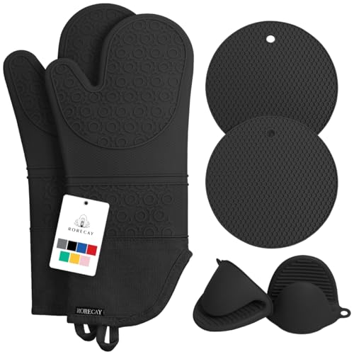 Silicone Oven Mitts and Pot Holders Sets (Black)