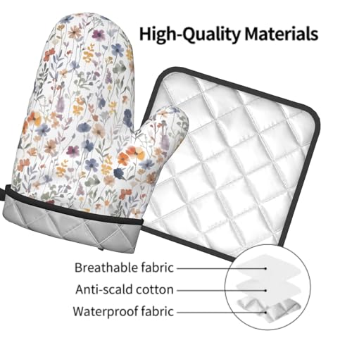 Watercolor Floral Oven Mitts and Pot Holder Kitchen Accessories Sets Botanical Leaf Heat Resistant Cooking Grilling Baking Gloves Hot Pads (Watercolor Floral)
