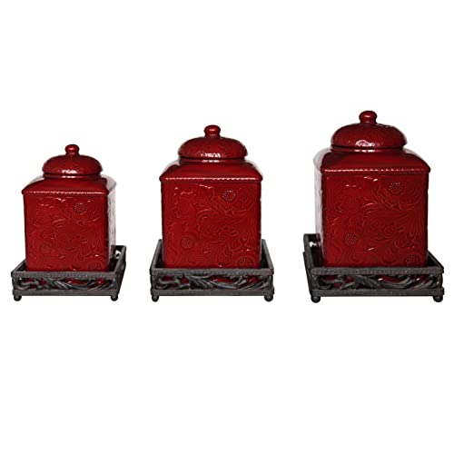 HiEnd Accents Savannah 3 Piece Ceramic Dinnerware Square Canister Set with Base (3 Piece Set / Red)