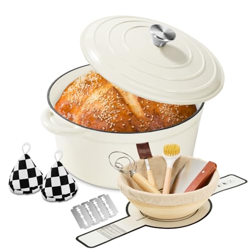 Enameled Cast Iron Dutch Oven pot 6.5 QT with Lid for Bread Baking (Cream White)
