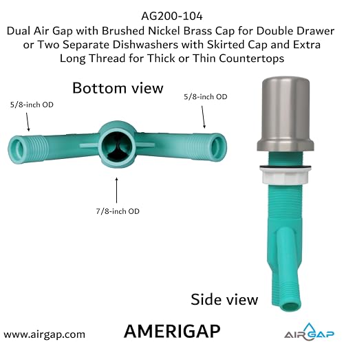 Dual Air Gap with Brushed Nickel Brass Cap for Double Drawer or Two Separate Dishwashers with Skirted Cap and Extra Long Thread for Thick or Thin Countertops (AG200-104)