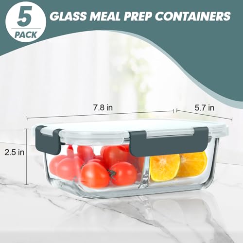 30 oz 5 Pack Glass Meal Prep Containers 2 Compartments (Gray / 2-Compartment 30 oz)