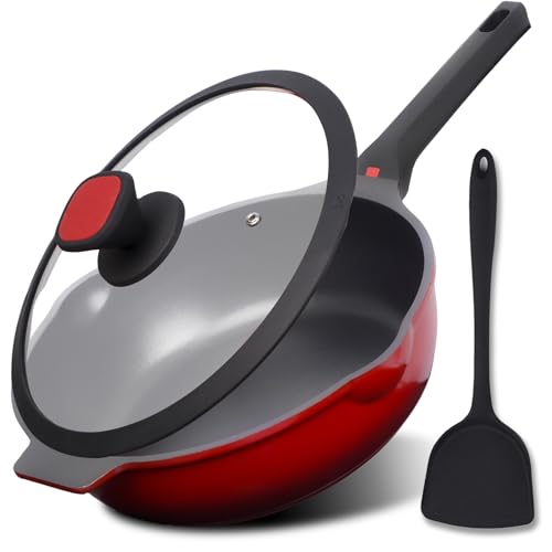 Nonstick Deep Frying Pan Skillet with Silicone Lid Spatula (12 inch-Deep Pan with Spatula)