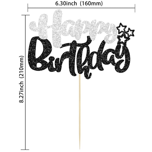 1Pcs Happy Birthday Cake Topper Glitter Cake Pick for Celebrating Anniversary Theme Party Cake Decorations Supplies Black and Silver (Style 2 / Black Silver)