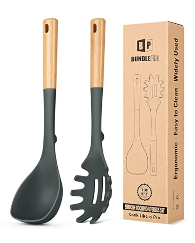 Silicone Soup Ladle and Pasta Spoon Set with Wooden Handle (2 Count)