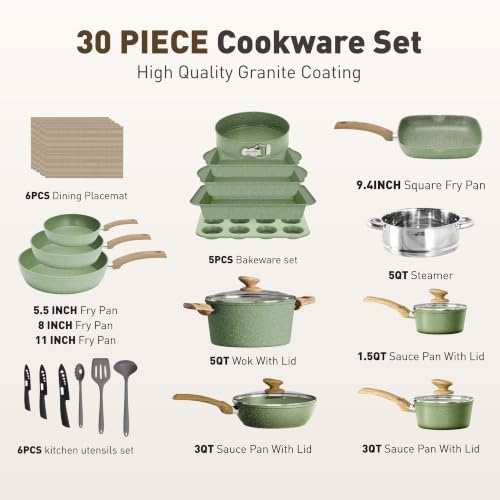 Pots and Pans Set Non Stick (Green / 30 PCS Cookware Set)