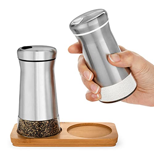 Salt and Pepper Shakers set with Adjustable Pour Holes (Black & White Shakers Set + Bamboo Stand)