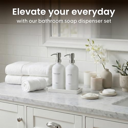Bathroom Soap Dispenser Set (White Bottles Silver Pumps)