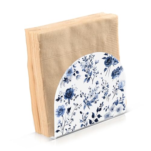 Blue White Porcelain Flower Napkin Holder for Table Paper Napkins Holder Acrylic Tissue Dispenser Kitchen Dining Room Bathroom Party Car Decor (NH065 / 4.1x4.9x1.97in)