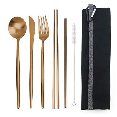 Portable 6 Pieces Flatware Set (Black Pouch / Rose Gold)