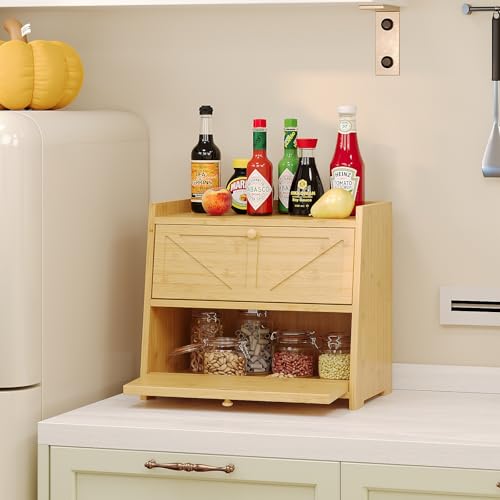 Vintage Double Layer Bread Box for Kitchen Counter Bamboo Bread Storage Container Large Capacity Bread Storage Bin
