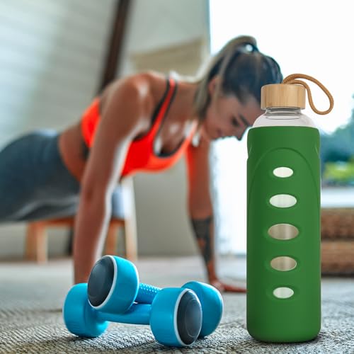 32 oz Narrow Mouth Glass Water Bottle with Windowed Silicone Sleeve (Dark Green)