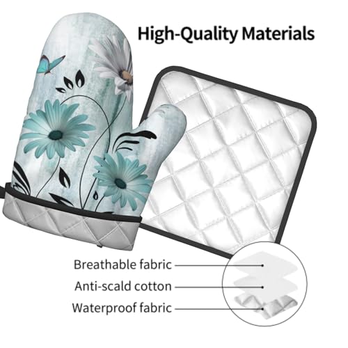 Daisy Floral Oven Mitts and Pot Holder Set of 2 Teal White Flower Heat Resistant Kitchen Mitts Potholders Washable for Cooking Grilling BBQ (Daisy Floral)