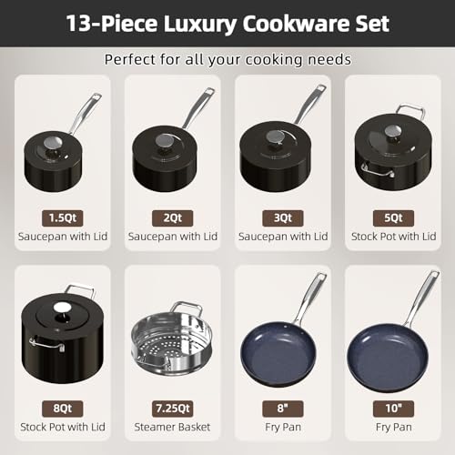 Lux 13pc Forged Lightweight Nonstick Ceramic Cookware Set (Black Coffee)