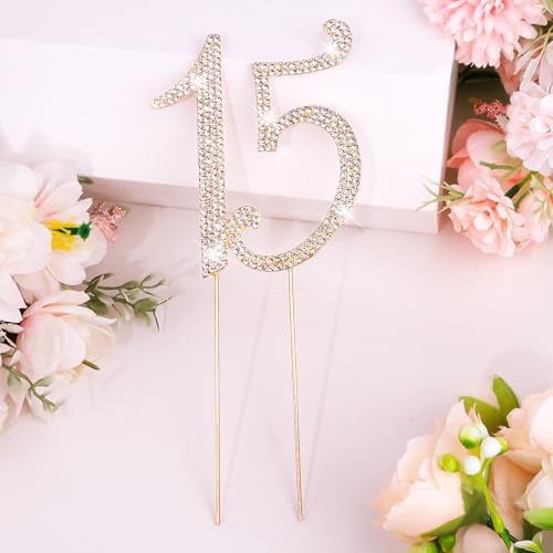 Gold 15th Birthday Cake Topper Rhinestones Cake Decorations for 15th Birthday Party (15th- Gold)