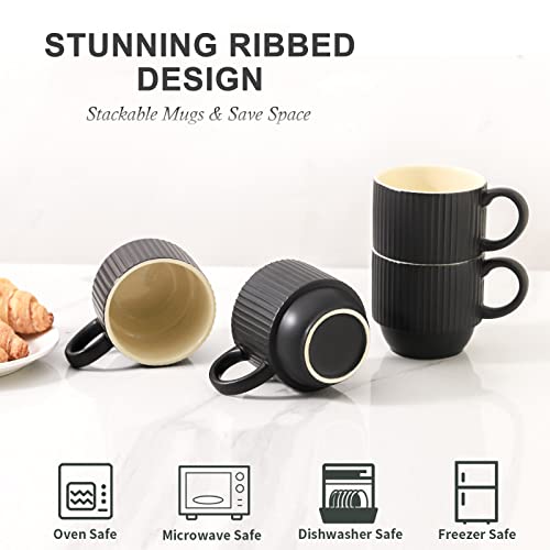Black Coffee Mug Porcelain Set of 4 with Rack (Matte Black / 12 Ounces)