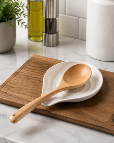 Spoon Rest Kitchen Spoon Holder for Stove Top Ceramic Spoon Rest (White)