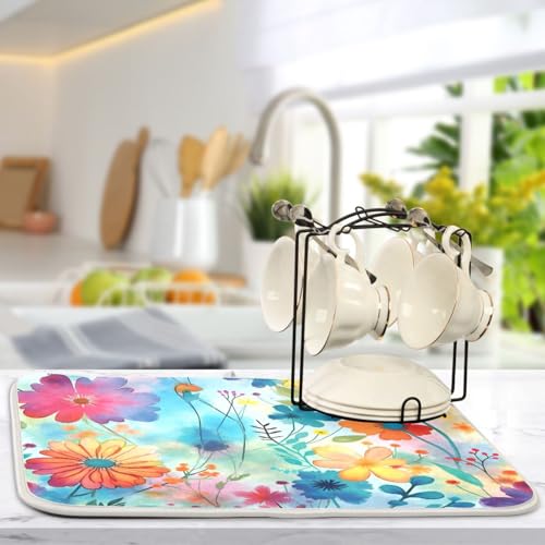 Colorful Flowers Blue Dish Drying Mat for Kitchen Counter Absorbent Microfiber Drying Pad (18" x 24")