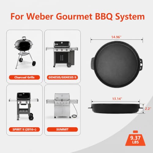 Upgraded 7421 Gourmet BBQ System Griddle for Weber 22 inch Charcoal Grills (15" x 13.1" x 2.1")