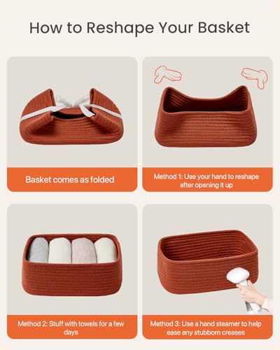 Small Woven Storage Basket for Organizing (Rust Red / 12"L x 8"W x 4.5"H)