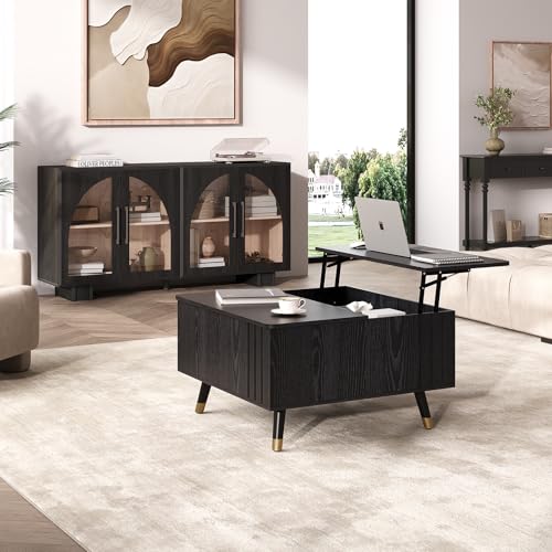 Square Lift Top Coffee Table with Storage for Living Room (Smooth Black)