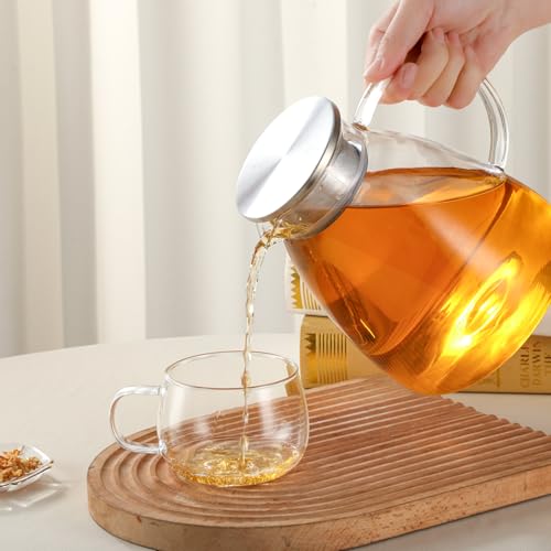 68OZ 2000ML One Touch Glass Teapot with Stainless Steel Filter Lid (68OZ (Square Bottom))